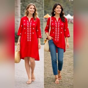Boho Festival Top Red Embroidered 100% Cotton Tunic Kurta Ethnic Rita Kumar S/M